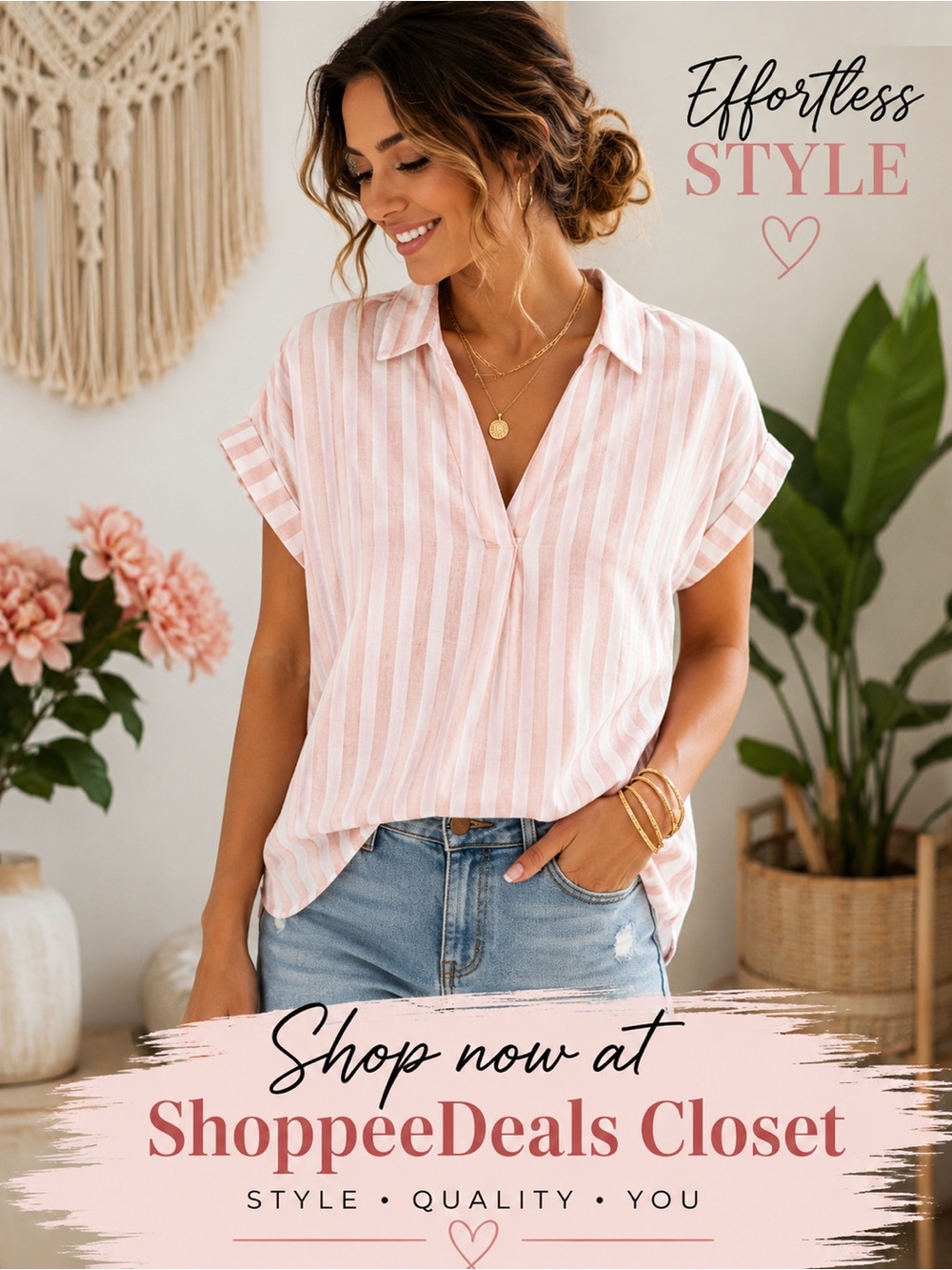Jane and Delancey Pink & White Striped Roll Sleeve Blouse – Women’s Small